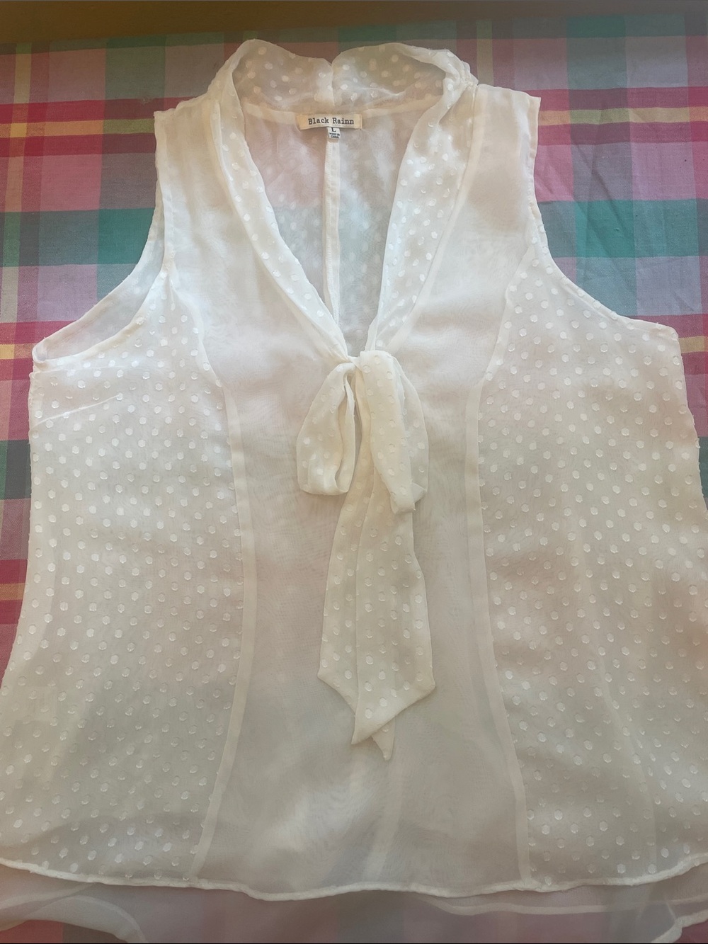 Sleeveless feminine semi-sheer ivory top with shawl collar and tie. Size L